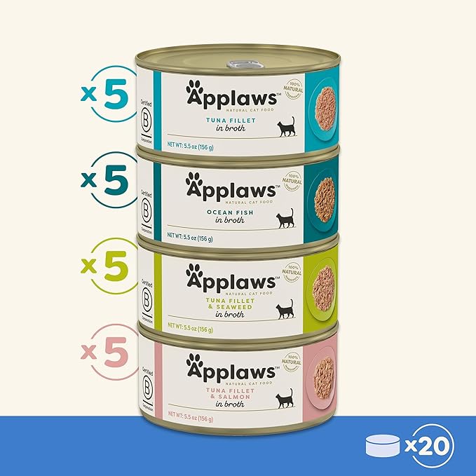 Applaws Natural Wet Cat Food in Broth, Limited Ingredient Canned Wet Cat Food, No Additives, Made with Natural Ingredients, Fish Selection in Broth Cans (20 x 5.5 oz Cans)