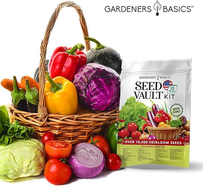 Gardeners Basics Survival Vegetable Seeds Garden Kit Over 16,000 Seeds Non-GMO and Heirloom, Great for Emergency Bugout Survival Gear 35 Varieties Seeds for Planting Vegetables 35 Free Plant Markers