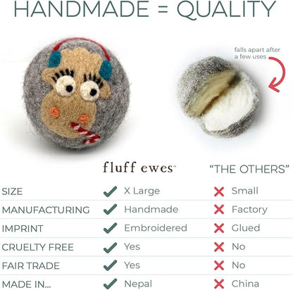 Fluff Ewes Wool Dryer Balls 3 Pack Premium New Zealand Wool Laundry Balls for Dryer, No Static Dryer Balls Laundry Reusable, XL Christmas Dryer Balls, Holiday Dryer Balls - Sheep in Heavenly Peace