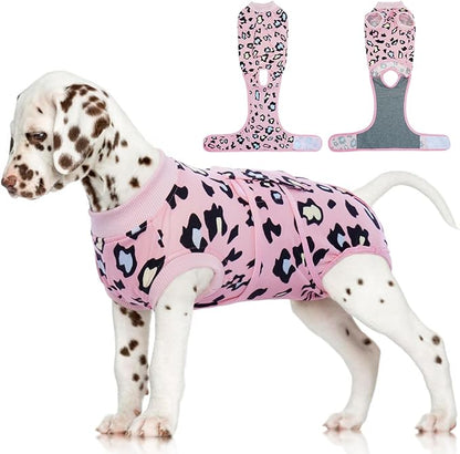 FUAMEY Recovery Suit for Dogs After Surgery,Soft Breathable Dog Bodysuit E-Collar & Cone Alternative Surgical Suit,Male Female Dog Neuter Spay Suits Anti Licking Wounds Onesie Pink Leopard XS