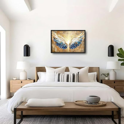 Extra Large Angel Wings Framed Wall Art for Living Room,Oversized Golden Wings Pictures Wall Decor,Holy Gold Blue Canvas Print Painting Modern Artwork Bedroom Office Bathroom 36L" x 24W"