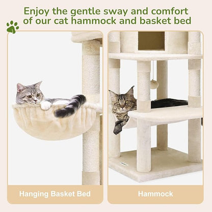 Globlazer Corner Cat Tree, 51in Curved Series Modern Cat Tower for Indoor Cats with Hammock, 7 Sisal Scratching Posts, Large Fan-Shaped Platform for Large Cats, Cat Condo & Hanging Basket, C51, Beige