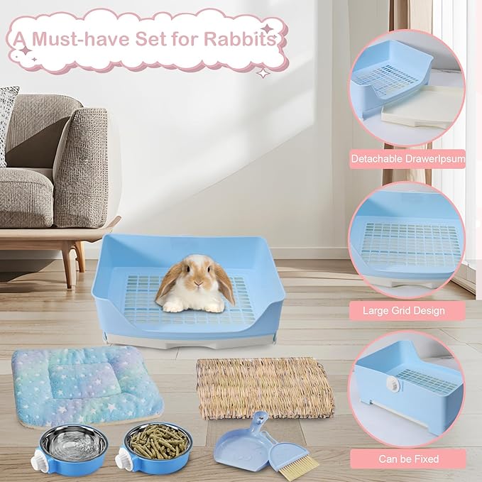 25 Pcs Large Rabbit Starter Kit, Bunny Litter Box with Drawer Animal Grooming Kit Stacking Cups Bowl Blankets Mat with Cleaning Set for Adult Guinea Pig, Ferret, Hamster, Bunnies Accessories (Blue)