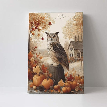 Fall Owl Wall Art Autumn Pumpkin Leaves Wall Decor Rustic Canvas Print Farmhouse Pictures Painting Print Framed Artwork Decorations Gifts for Living Room Bathroom Bedroom Office 16"x24"