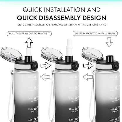 32oz Motivational Water Bottles with Time Marker & Fruit Strainer, Transparent Gradient Color Water Bottle with Times to Drink, Leakproof & BPA Free, Reusable Bottle with Strap (No Straw)