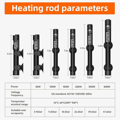 Aquarium Heater,50w/100w/150w/200w/300w/500w Submersible Fish Tank Heater,External LED Controller, with Over-Temperature Protection and Automatic Power-Off When Leaving Water for.