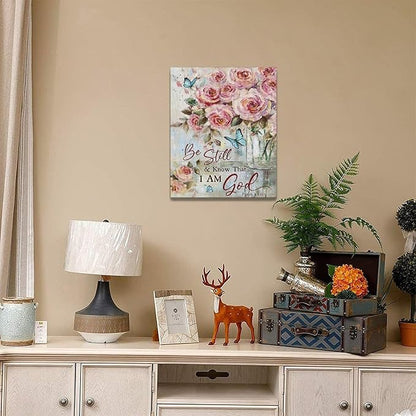 Farmhouse Rose Wall Art Christian Scripture Pictures Pink Rose Wall Decor Rustic Floral Butterfly Canvas Print Painting Artwork for Bathroom Living Room Bedroom 16"x20"