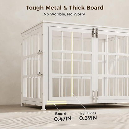 38 Inch Heavy Duty Wooden Dog Kennel End Table with Double Door Design and Secure Locks, Indoor Pet Crate Furniture for Medium Dogs, Decorative Home Cage Design,White
