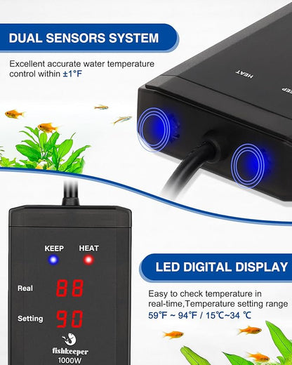 fishkeeper 1000W Submersible Aquarium Heater – Ultra-Safe Digital Fish Tank Heater for 135-280Gal, Leaving Water Auto Power-Off, PID Intelligent Fast Heating, 59°F-93°F Accurate Temperature Control