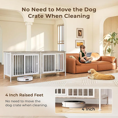 78 Inch Dog Cage Furniture for 2 Large/Medium Dogs with Removable Divider, Extra Large Double Doors Dog Kennel, XXL Thick Wooden Dog cage Furniture, Durable and Sturdy, Beige