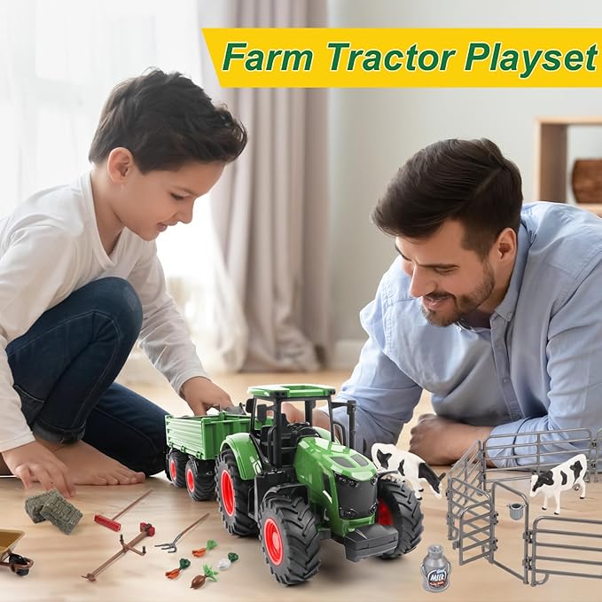 Farm Animal Tractor Toys Playset-16.5 Inches Tractor with Trailer Fence,Farmer,Tree,Cow,Farm Toy Set for Boys Girls Kids Toddlers Age 3-7 Years Old