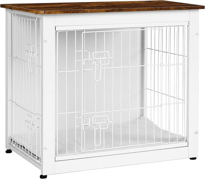 DWANTON Dog Crate Furniture with Cushion, Wooden Kennel Table with Double Doors, Indoor Dog House, Small/Medium/Large Size, 27.2" L, White+Rustic Brown