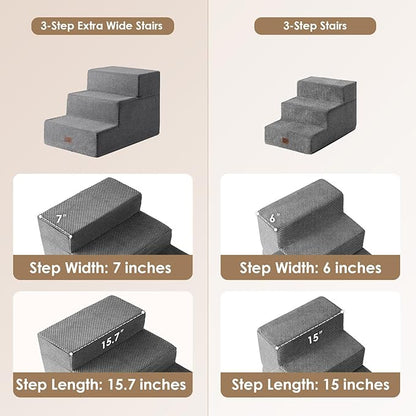 EHEYCIGA Dog Stairs for Small Dogs 16.5" H, 3-Step Extra Wide Dog Steps for Couch Sofa and Chair, Pet Steps for Medium Cats, Non-Slip Balanced Pet Ramp Indoor, Grey