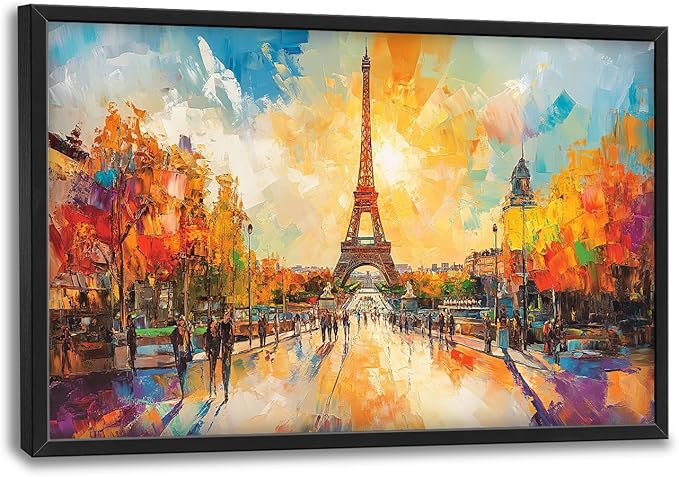 Framed Large Eiffel Tower Wall Art for Living Room, Oversized Paris City Street Landscape Wall Decor, Colorful Sunrise Canvas Painting Modern Artwork for Living Room Bedroom Office 36"x24"