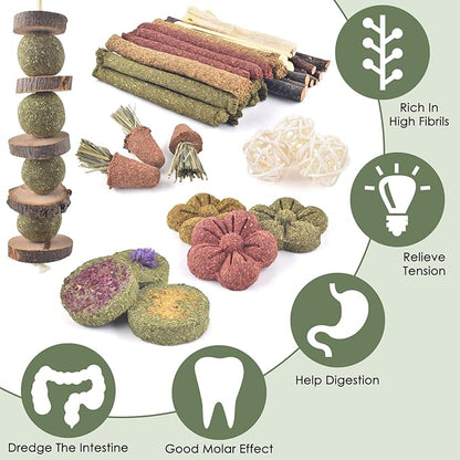 ERKOON Bunny Toys Boredom, 42 PCS Bunnies Timothy Hay Sticks Carrots Rose Grass Cake Dental Care, Molar, Chinchillas Toy Chew Toy, Guinea Pigs, Hamsters, Chinchilla, Rabbit Chew Toys for Teeth