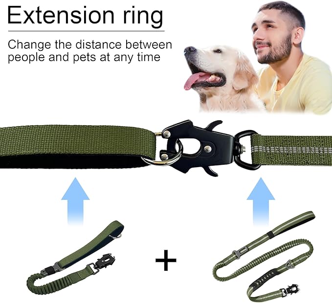 20” Strong Short Leash for Dog, Heavy Duty Bungee Dogs Leash with Padded Handle Car Seatbelt, Dog Training Leashs for Large or Medium Dogs - Can be Used with Other leashes (Army Green)
