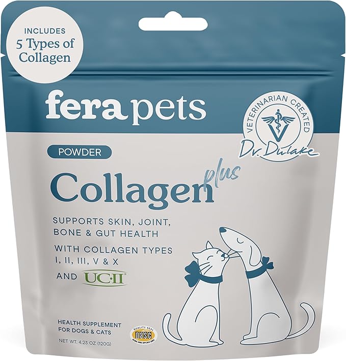 Fera Pets Cat & Dog Collagen Powder - Bone, Gut, Joint and Skin Supplement - 5 Types of Collagen + Clinically Studied UC-II® - 4.23 oz