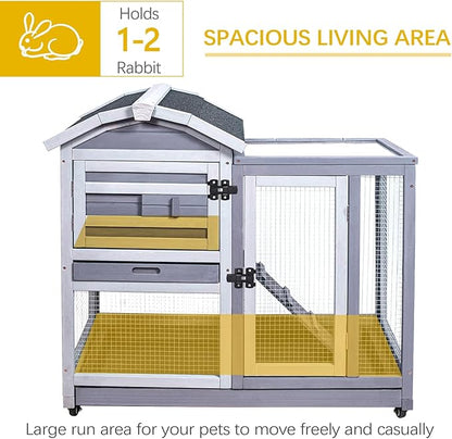 GEGURI Rabbit Hutch Indoor Rabbit Cage Outdoor, Wooden Bunny Cages for Guinea Pig with Wheels, Removable Tray, Ramp