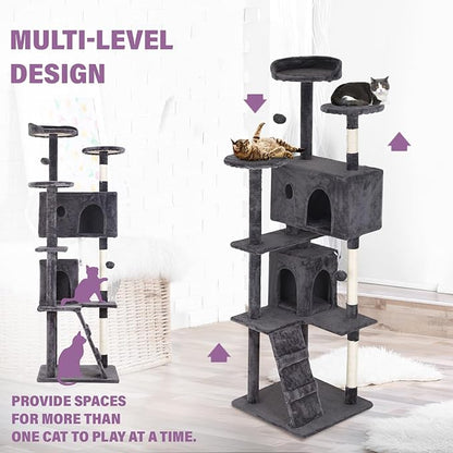70 inches Cat Tower for Indoor Cats Multi-Level Cat Condos for XL Cat Tree Cat Climbing Tower with Scratching Posts, Hanging Toys,Light Gray