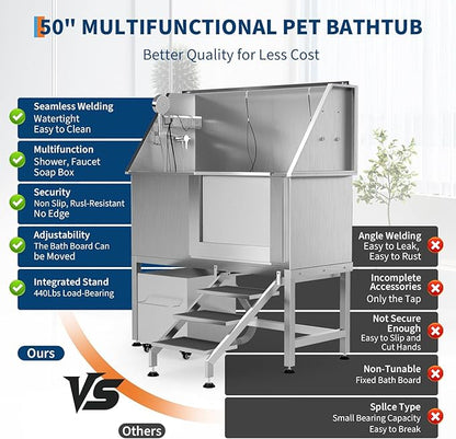 50" Stainless Steel Professional Dog Washing Station - Pet Bathing Tub w/Non-Slip Stairs & Storage Shelf | Slip-Resistant Floor Grate | for Large/Medium/Small Dogs