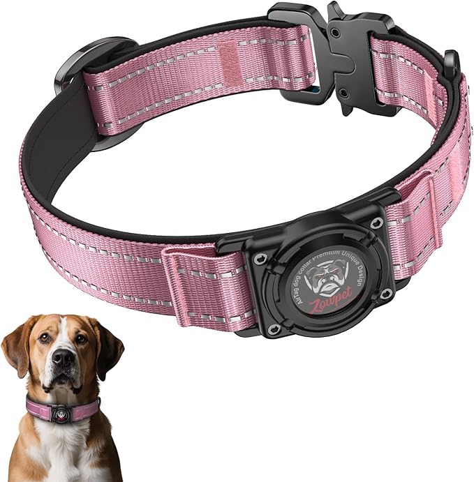 2025 Upgrade Airtag Dog Collar, Reflective Dog Collar with Airtag Holder, IP68 Waterproof| Metal Buckle| Ultra-Durable| Comfortable Padded, GPS Dog Collars for Medium Large Dogs (Pink,M)