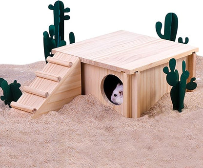 Fhiny Wooden Hamster Hideout for Small Animal, Gerbils Chamber Hut with Ladder Habitats Decor, Maze Climbing Toys for Dwarf Syrian Hamsters Mice and Other Small Pets