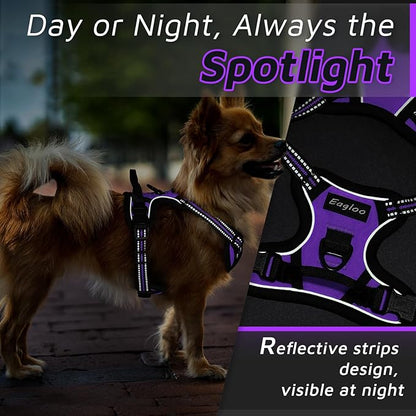 Eagloo Small Dog Harness No Pull, Service Vest with Reflective Strips and Control Handle, Adjustable and Comfortable for Easy Walking, No Choke Pet Harness with 2 Metal Rings, Purple, XS