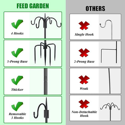 FEED GARDEN 76 Inch Four Shepherd Hooks for Outdoor,Bird Feeder Pole with 5 Prong Base, Adjustable Shepard Hooks for Hanging Plant, Solar Lanterns, Wind Chimes, 2 Pack