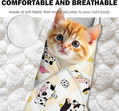 27.6" Cat Grooming Wrap, Self Adhesive Cat Wrap for Cutting Nails, Anti-Escape Calming Cat Swaddle Wrap for Medicine Ear Cleaning, Cartoon Cow Anti-Scratch Cats Burrito Restraint Blanket, Pet Tool