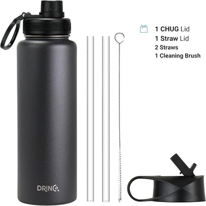 DRINCO Stainless Steel Water Bottle Spout Lid Vacuum Insulated Double Wall Water Bottles Wide Mouth (40oz 32oz 22oz 18oz 14oz) Leak Proof Keeps Cold or Hot (40 oz, 40oz Black)