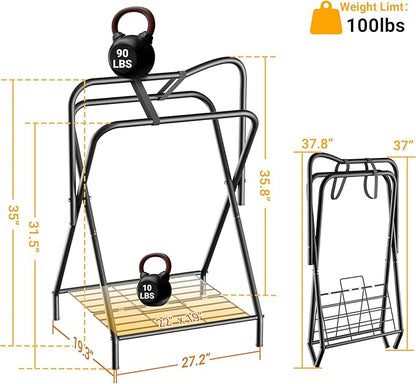 Dunatou Saddle Rack Freestanding Saddle Stand Foldable Horse Saddle Storage Rack Full Size Saddle Pad Rack Horse Blanket Holder Heavy Duty Saddle Holder for English and Western Horse Saddles, Black