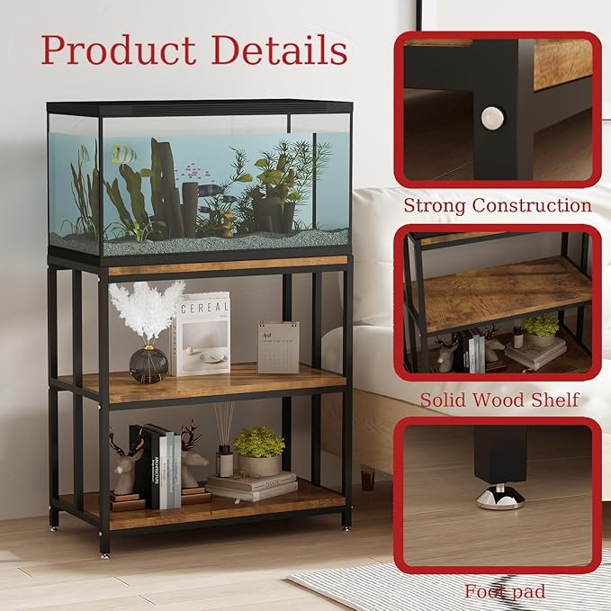 20 Gallon Metal Aquarium Stand with Shelves for Fish Tank Accessories Storage, Reptile Tank Turtle Terrariums Stand for Home Office (Black)