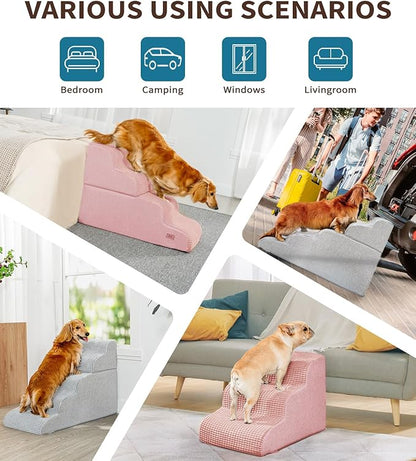 Dog Step for Bed, Dog Stair 4-Step 35D Pet Stair 19.7" H for High Bed or Sofa Non-Slip Balanced Pet Step Indoor, Pink