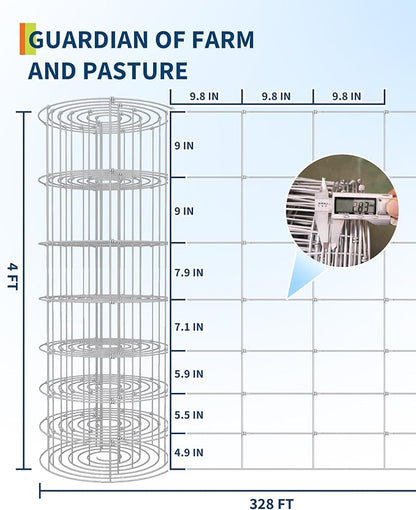 9GA Thickened Heavy Duty Cattle Farm Fence, 4ft x 328ft Galvanized Goat Deer Fence, Heavy Zinc Coating Hog Wire Fencing for Farm Livestock Animals Protection