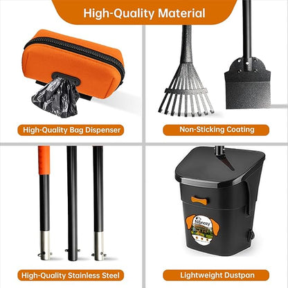 Dog Pooper Scooper with Bags & Dispenser - 37.4" Long Durable Metal Handle Swivel Bin & Rake & Spade Kit, Large Capacity Portable Pooper Scooper for Yards，Easy to Assemble