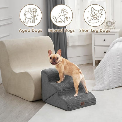 EHEYCIGA Curved Foldable Dog Stairs Ramp for Small Dogs 16" H, 3-Step Dog Steps for Couch Sofa and Chair, Pet Stairs for Cats, Non-Slip Balanced Pet Steps Indoor, Grey