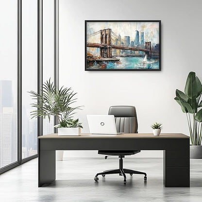 Extra Large Framed Brooklyn Bridge Wall Art,New York City Wall Decor,Abstract Skyline Cityscape Pictures for Living Room,Canvas Print Painting Modern Artwork Bedroom Office Bathroom 36L x24W