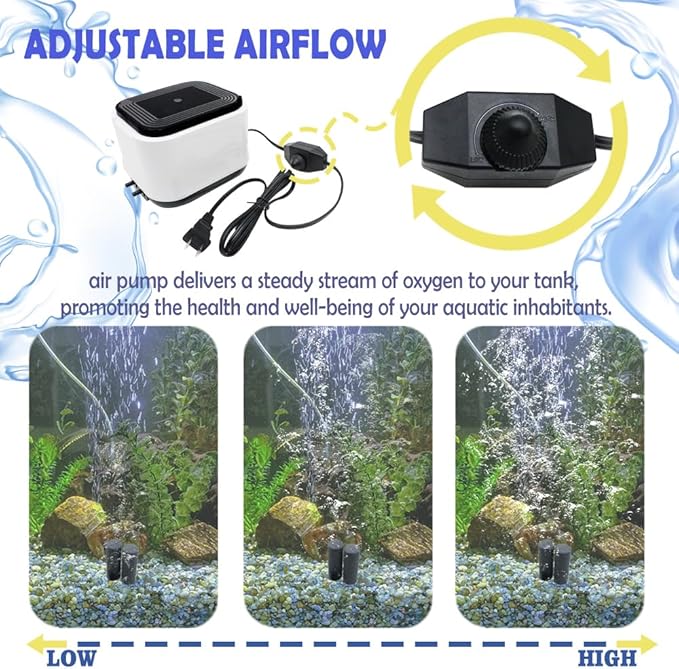 Aquarium Air Pump Quietest for Fish Tank 20-300Gallon/20-600Gallon,2 Air Outlets Ultra Silent Powerful Adjustable Aerator Pump for Livewell 190GPH/260GPH 5W/10W,Air Stones, Tubing, Check Valve