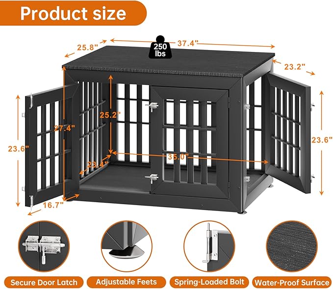 38" Heavy Duty Dog Crate Furniture for Small,Medium and Large Dogs,Rustic Wooden Dog Cage Kennel Indoor Furniture with Waterproof Top,Decorative Pet House Side End Table (Black)
