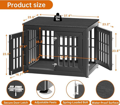 38" Heavy Duty Dog Crate Furniture for Small,Medium and Large Dogs,Rustic Wooden Dog Cage Kennel Indoor Furniture with Waterproof Top,Decorative Pet House Side End Table (Black)