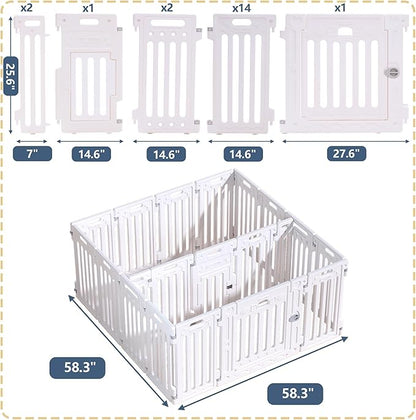 2 Room Dog Playpen with Door,DIY Shape Combination Puppy Pen,16-Panel+2 Link Piece+Large Door+Small Door,25.5" H Dog Fence,Non-Slip&Secure Pet Gate,Easy to Assemble (Two Rooms)