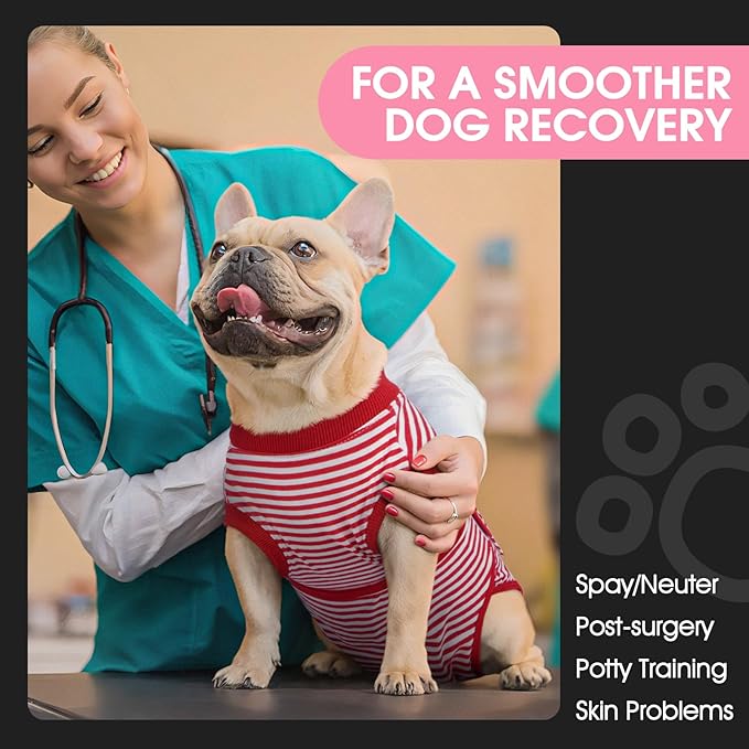 FUAMEY Dog Recovery Suit Male,Dogs Surgery Neuter Suits Puppy Spay Shirts for Female Protect Dog's Skin Anti Licking Abdominal Wounds Doggie Onesie Pet Bodysuit Alternative to Cone Red Stripes XXL