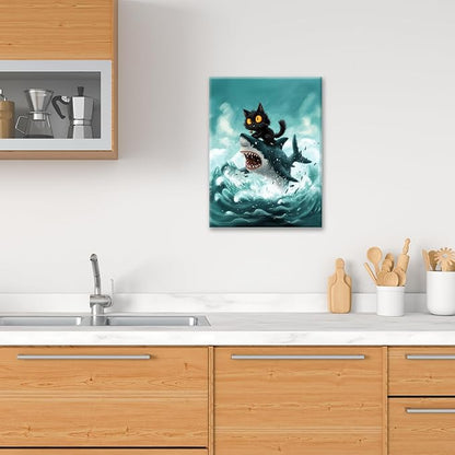 Funny Black Cat Bathroom Wall Art Cute Cat Riding Shark Canvas Wall Decor Animal Kitten Pictures Painting Print Artwork Framed Decorations Gifts for Cat Lover Kids Room Bedroom 16"x20"