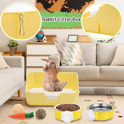 15 Pcs Rabbit Starter Kit Small Rabbit Litter Box Animal Grooming Kit Bunny Toys Bowl Blankets with Cleaning Set for Guinea Pig Accessories(Blue)