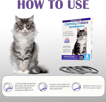 4 Pack Calming Collar for Cats - 60 Days Anxiety and Stress Relief, Relaxing Cat Collar, Adjustable Pheromones Collar for Cats，Natural Soothing for Continuous Calming