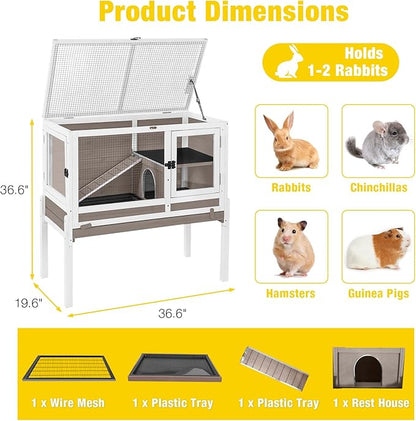 Aivituvin 2-Story Rabbit Hutch with Anti-Chew Ramp & Zinc Sheet - 36.6" Indoor Guinea Pig Cage, Wooden Stand, Pull-Out Tray & Leakproof Floor (Brown)