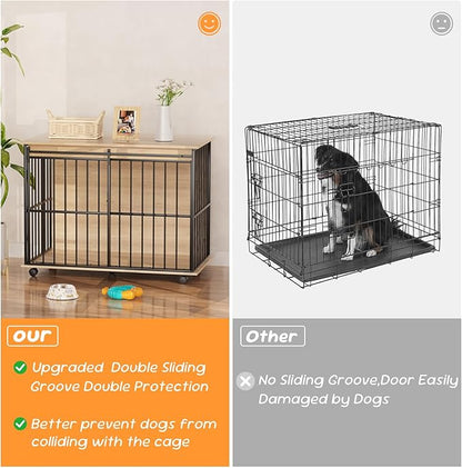 43.7" Dog Crate Furniture, XL Dog Crate Dog Kennel Indoor with Wheels for Large Medium Small Dogs, Wooden Dog Kennel End Table with Sliding Door Wooden Furniture Crates for Living Room, Bedroom