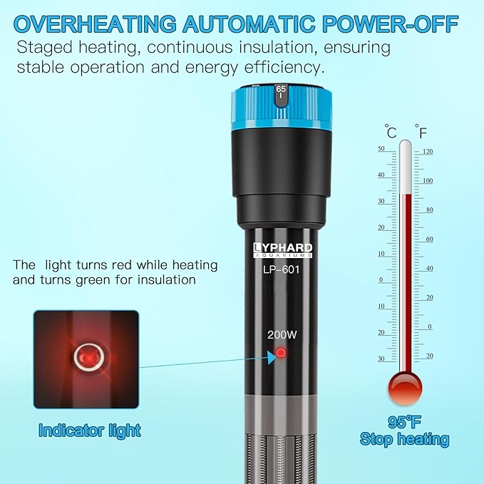 Aquarium Heater, 200W Submersible Fish Tank Heater with Precision Adjust Knob Thermostat and Suction Cup Suitable for Saltwater and Freshwater