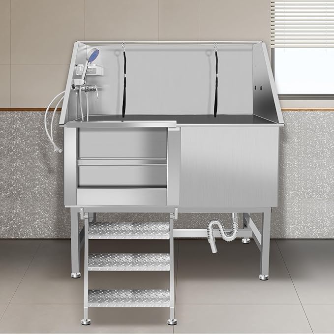 50" Pet Dog Bathing Station W/Ramp, Professional Stainless Steel Dog Grooming Tub W/Soap Box, Faucet,Rich Accessory, Dog Bathtub for Large,Medium,Small Pets, Washing Sink for Home (50" Left ramp)