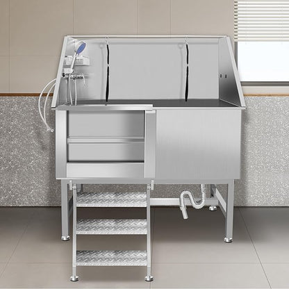 50" Pet Dog Bathing Station W/Ramp, Professional Stainless Steel Dog Grooming Tub W/Soap Box, Faucet,Rich Accessory, Dog Bathtub for Large,Medium,Small Pets, Washing Sink for Home (50" Left ramp)